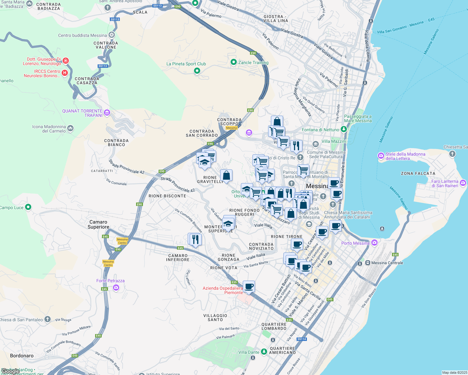 map of restaurants, bars, coffee shops, grocery stores, and more near 60 Via Pietro Castelli in Messina