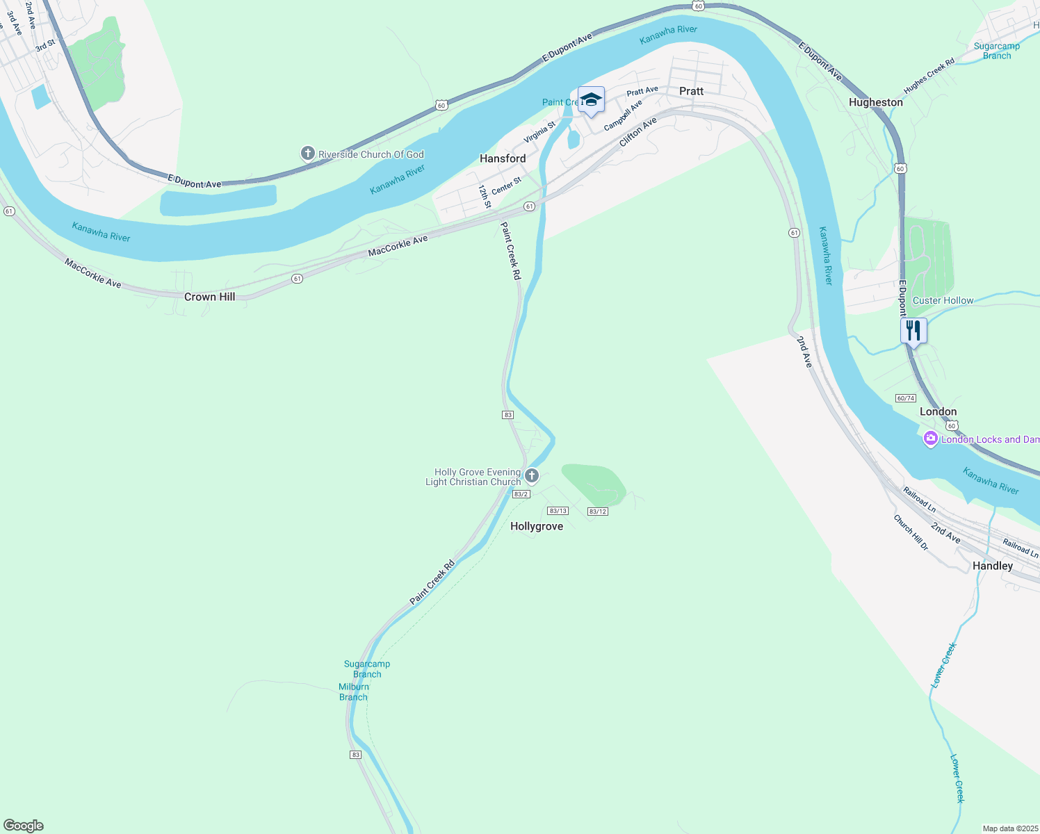 map of restaurants, bars, coffee shops, grocery stores, and more near 713 Paint Creek Road in Kanawha