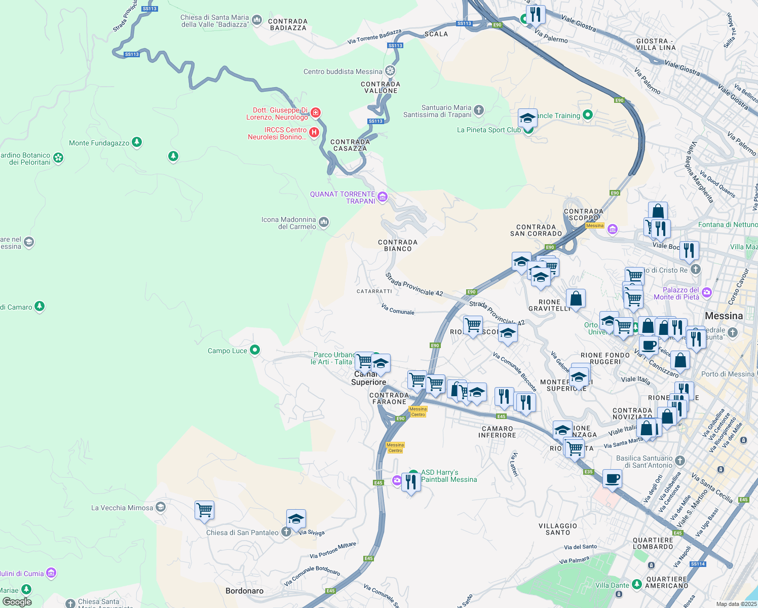 map of restaurants, bars, coffee shops, grocery stores, and more near 9 Via Cacace in Messina