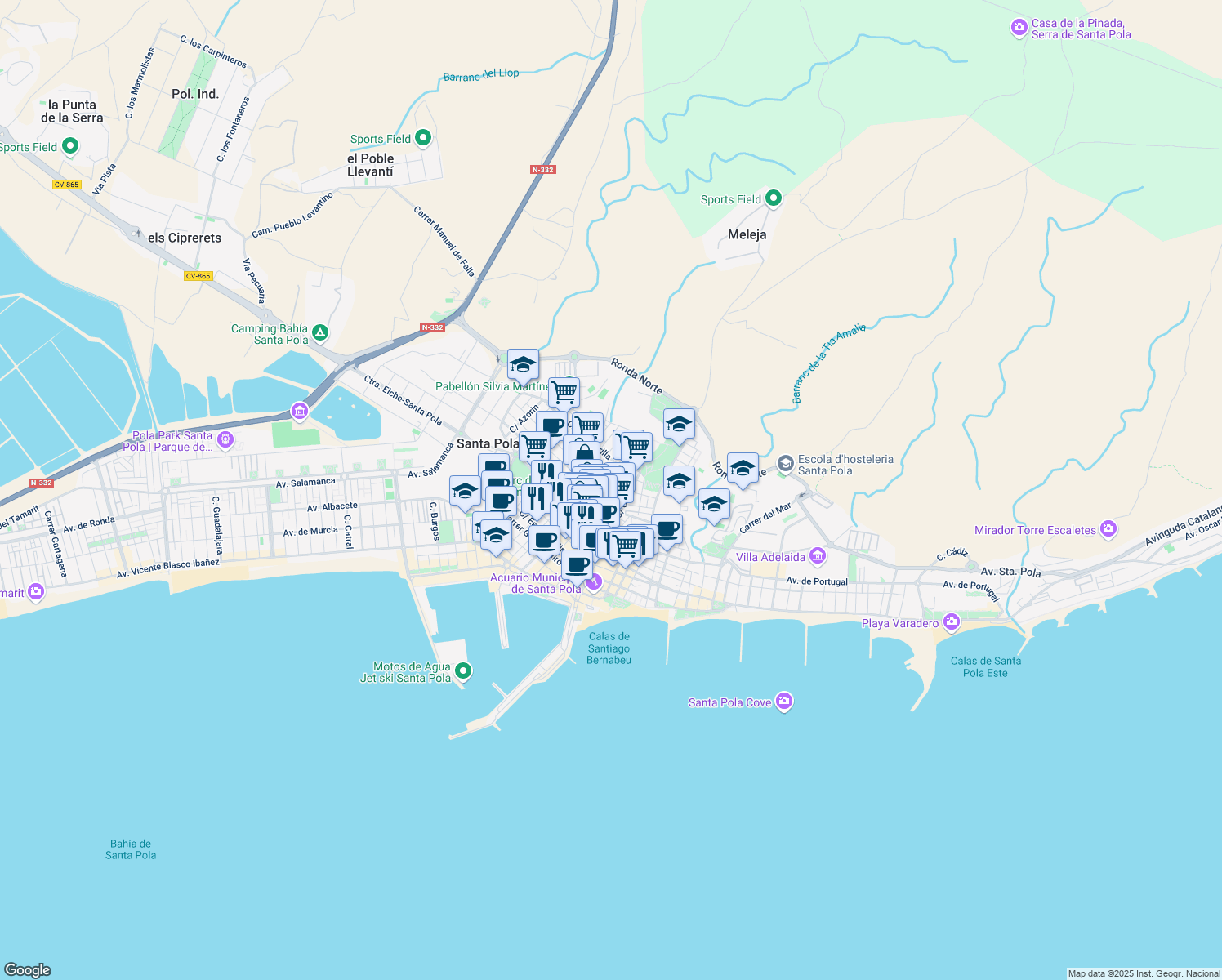 map of restaurants, bars, coffee shops, grocery stores, and more near 80 Carrer de Sant Antoni in Santa Pola