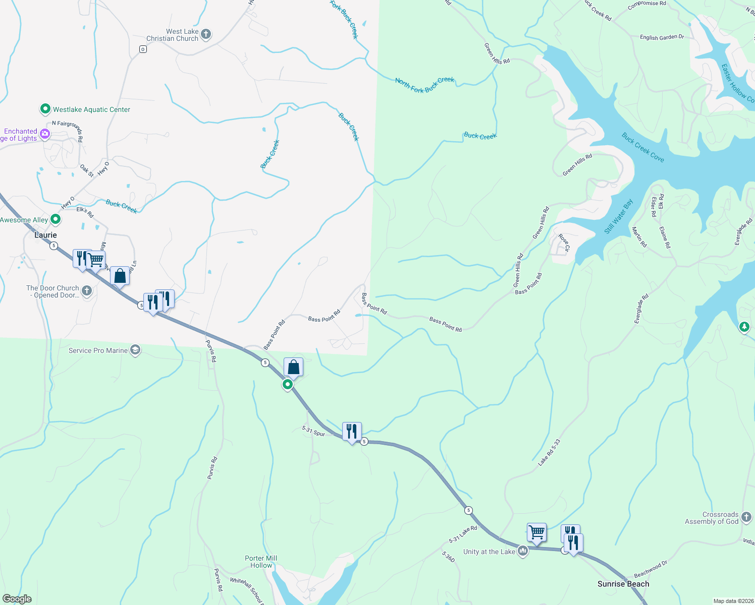 map of restaurants, bars, coffee shops, grocery stores, and more near 33652 Bass Point Road in Gravois Mills