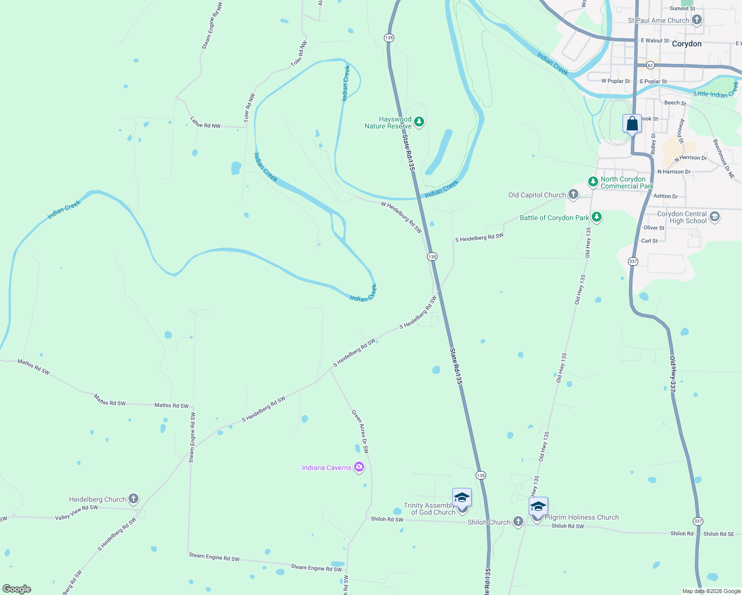 map of restaurants, bars, coffee shops, grocery stores, and more near 480 Loudons Ridge Drive Southwest in Corydon