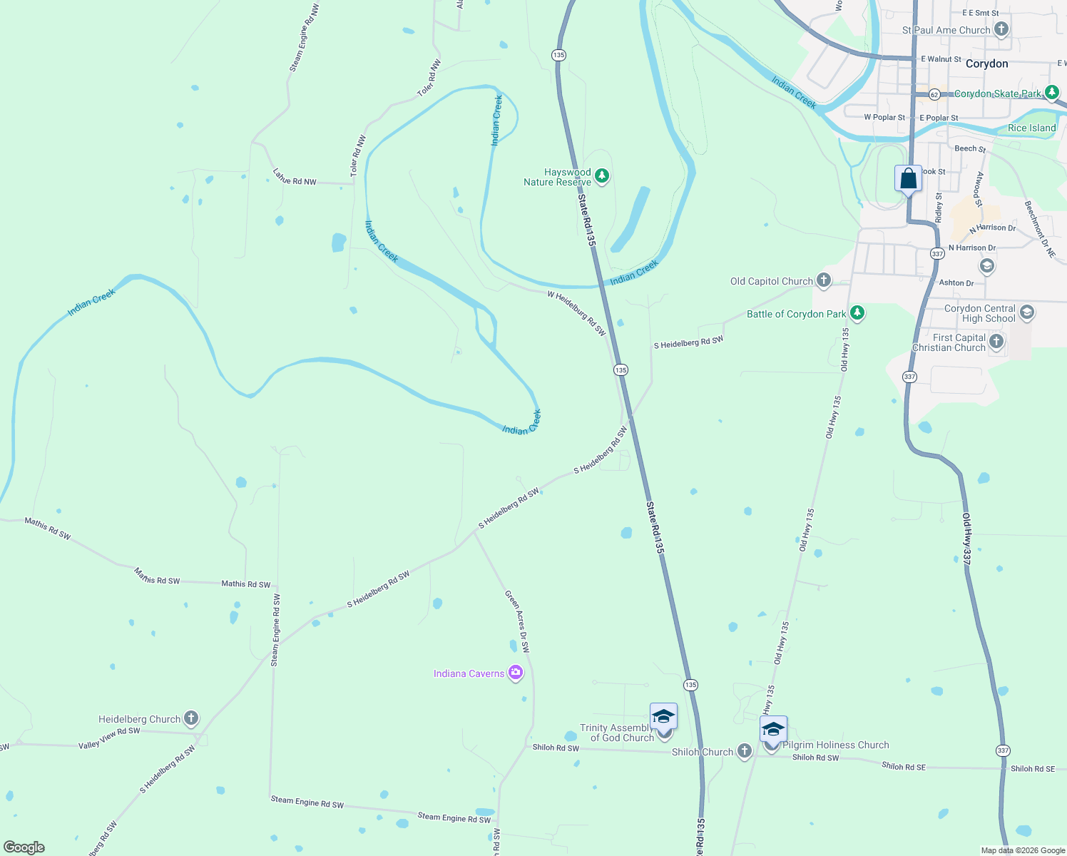 map of restaurants, bars, coffee shops, grocery stores, and more near 480 Loudons Ridge Drive Southwest in Corydon