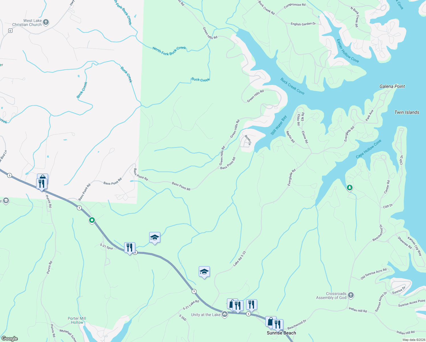 map of restaurants, bars, coffee shops, grocery stores, and more near 33652 Bass Point Road in Gravois Mills