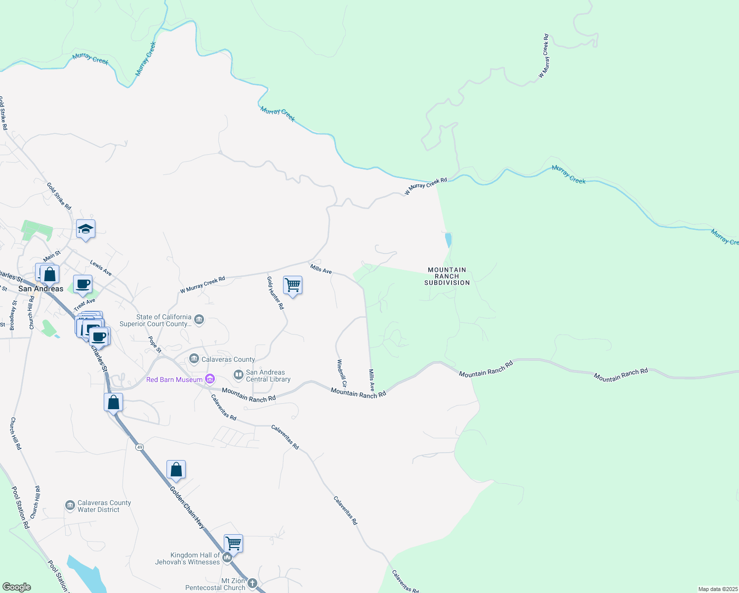map of restaurants, bars, coffee shops, grocery stores, and more near 2299 Mills Ave in San Andreas