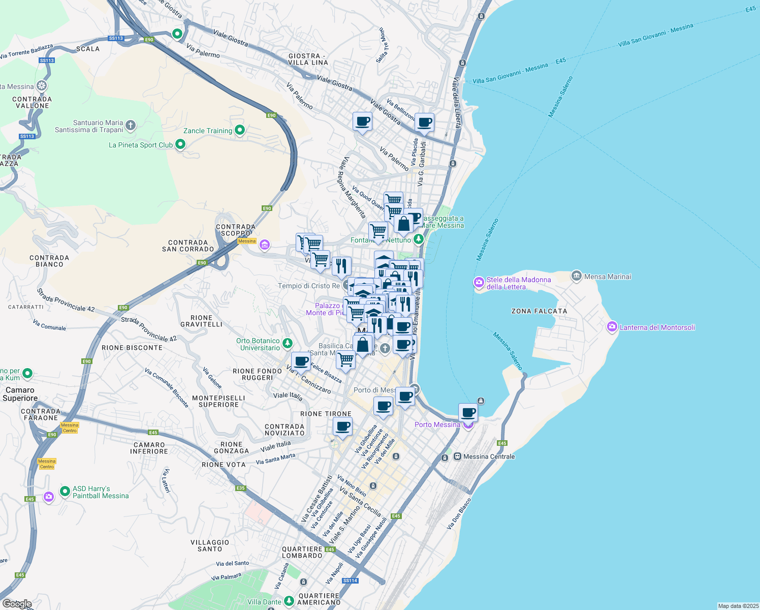 map of restaurants, bars, coffee shops, grocery stores, and more near 171 Corso Cavour in Messina