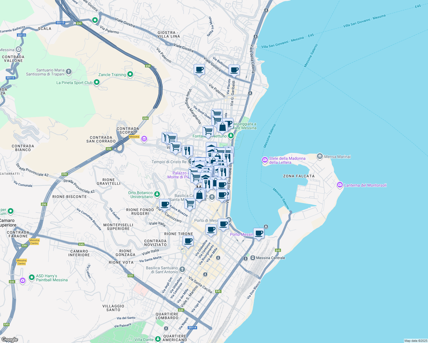 map of restaurants, bars, coffee shops, grocery stores, and more near 171 Corso Cavour in Messina