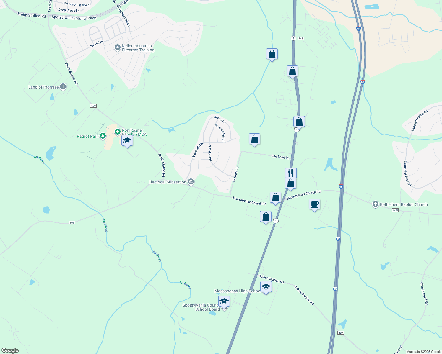 map of restaurants, bars, coffee shops, grocery stores, and more near 8508 Leslie Court in Fredericksburg