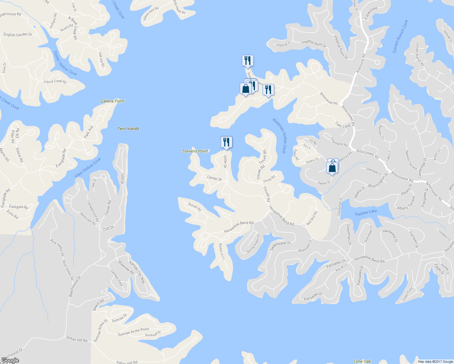 map of restaurants, bars, coffee shops, grocery stores, and more near 56 Eagles Nest Drive in Lake Ozark