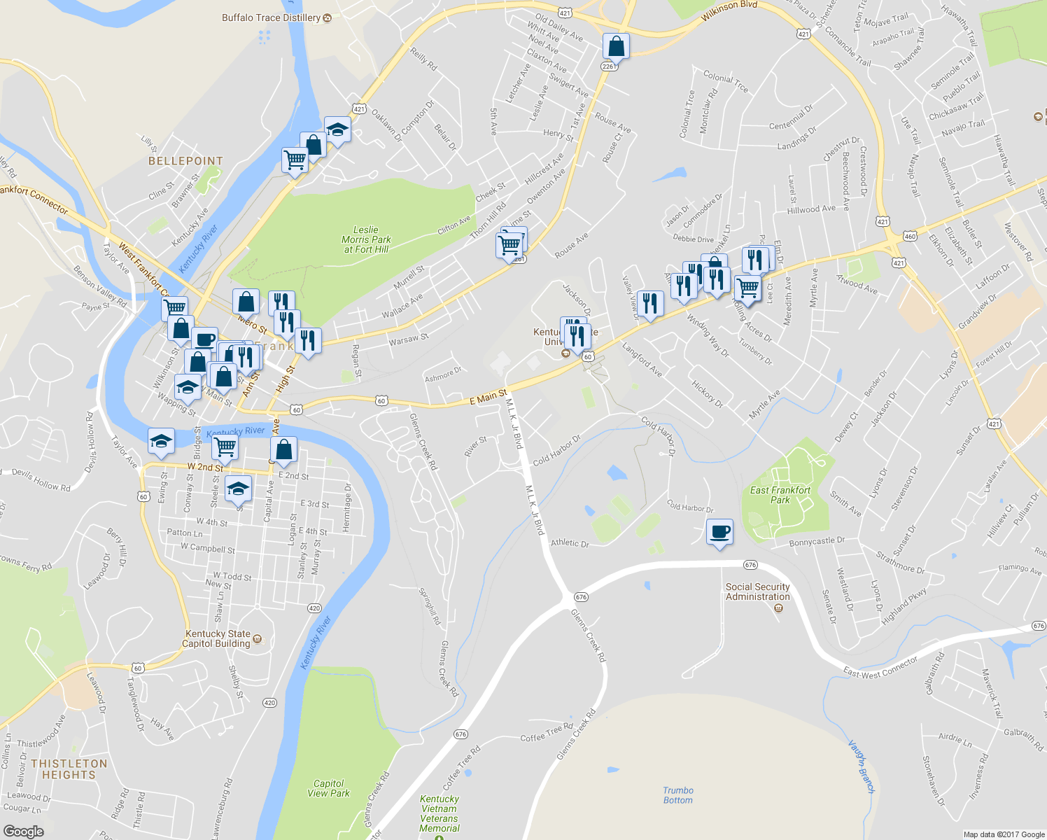 map of restaurants, bars, coffee shops, grocery stores, and more near 208 Old Maryland Ave in Frankfort