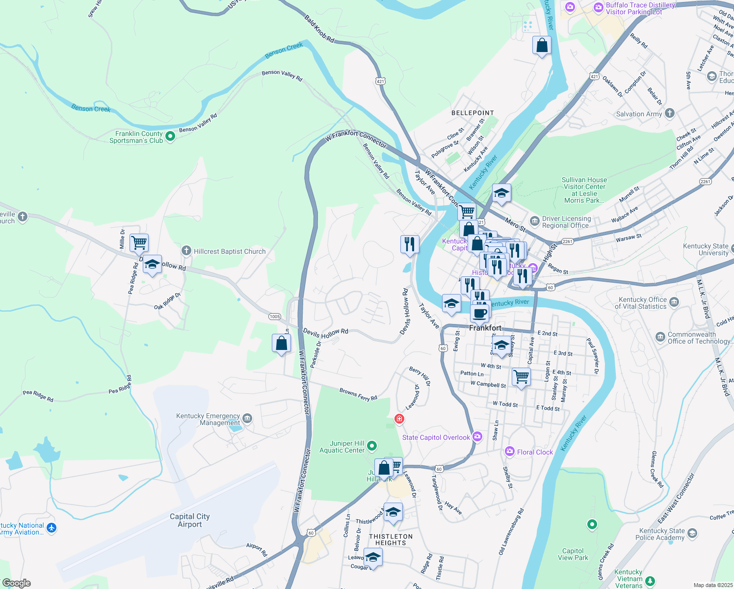 map of restaurants, bars, coffee shops, grocery stores, and more near 198 Pinnacle Court in Frankfort