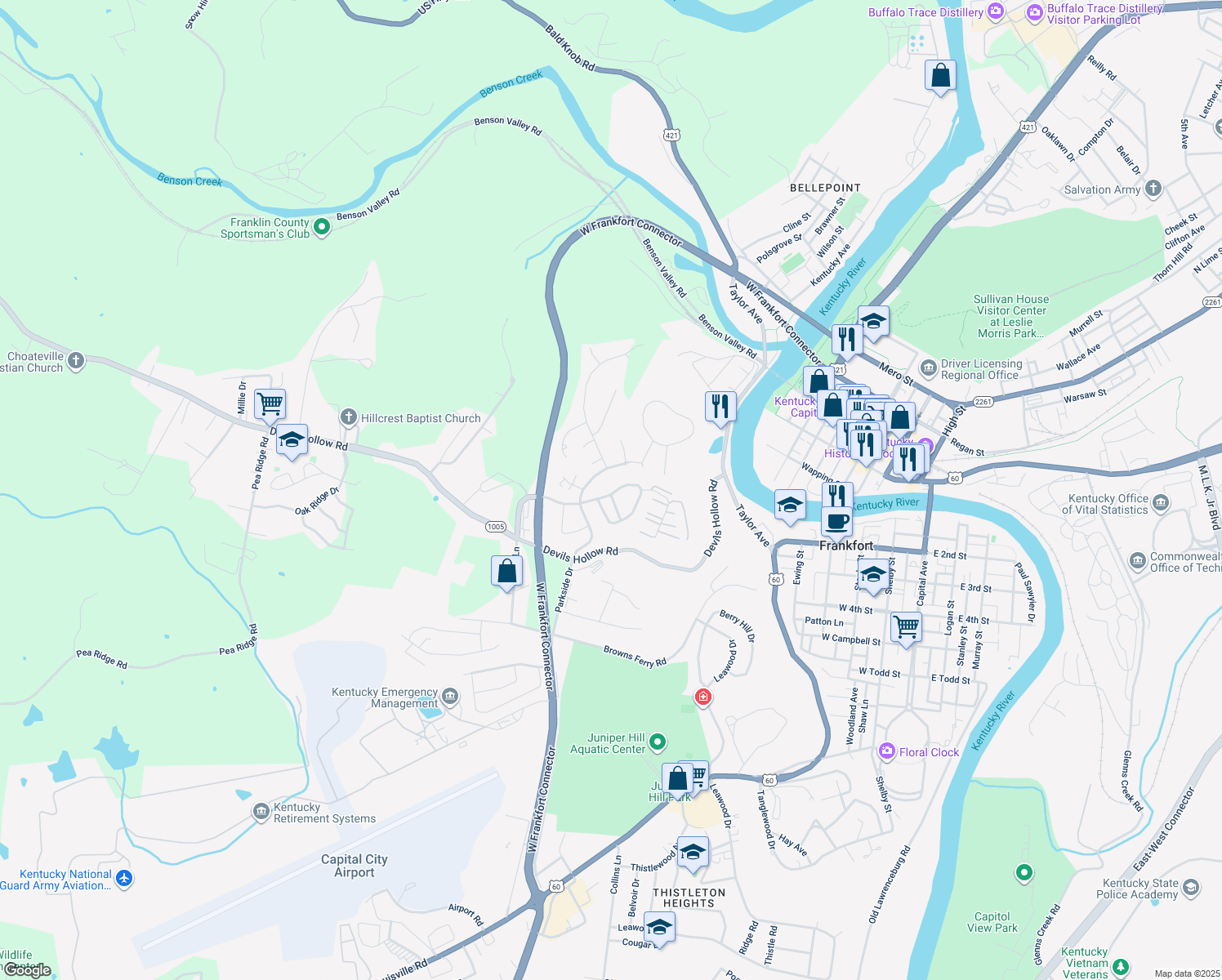 map of restaurants, bars, coffee shops, grocery stores, and more near 1015 River Bend Road in Frankfort