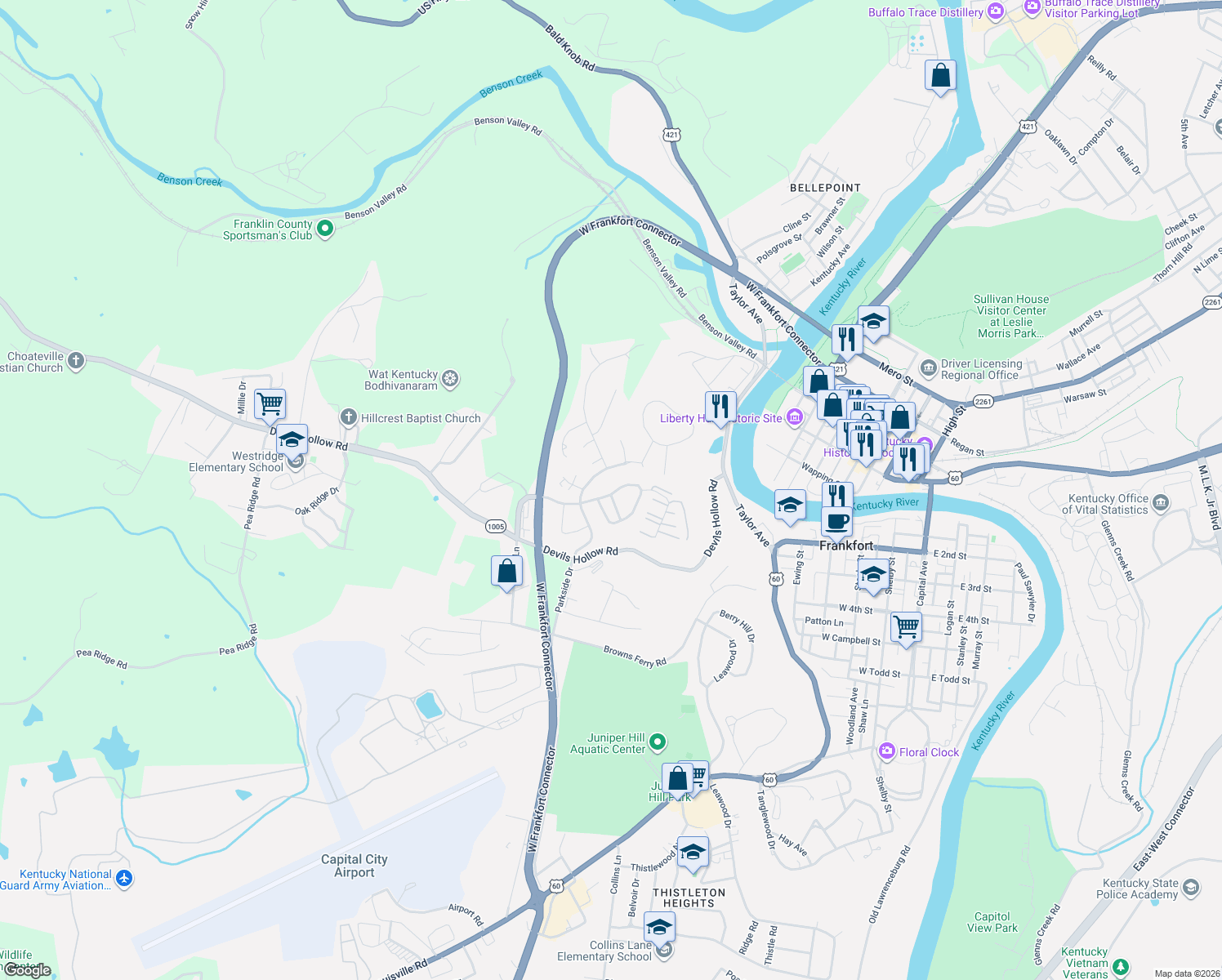 map of restaurants, bars, coffee shops, grocery stores, and more near 1015 River Bend Road in Frankfort