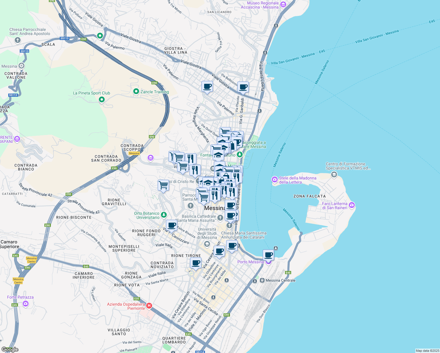 map of restaurants, bars, coffee shops, grocery stores, and more near Via Vincenzo Cianciolo in Messina