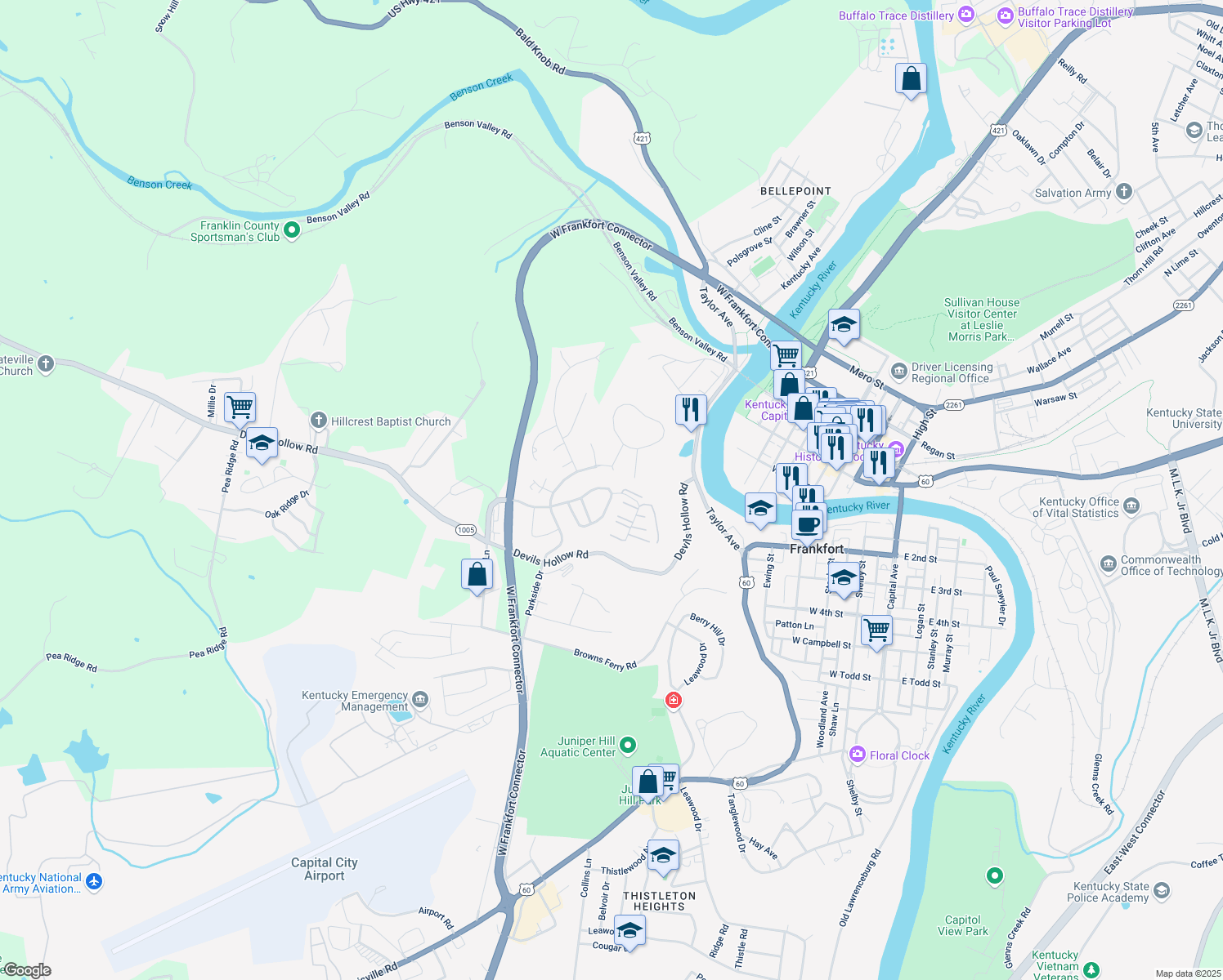 map of restaurants, bars, coffee shops, grocery stores, and more near 1026 River Bend Road in Frankfort