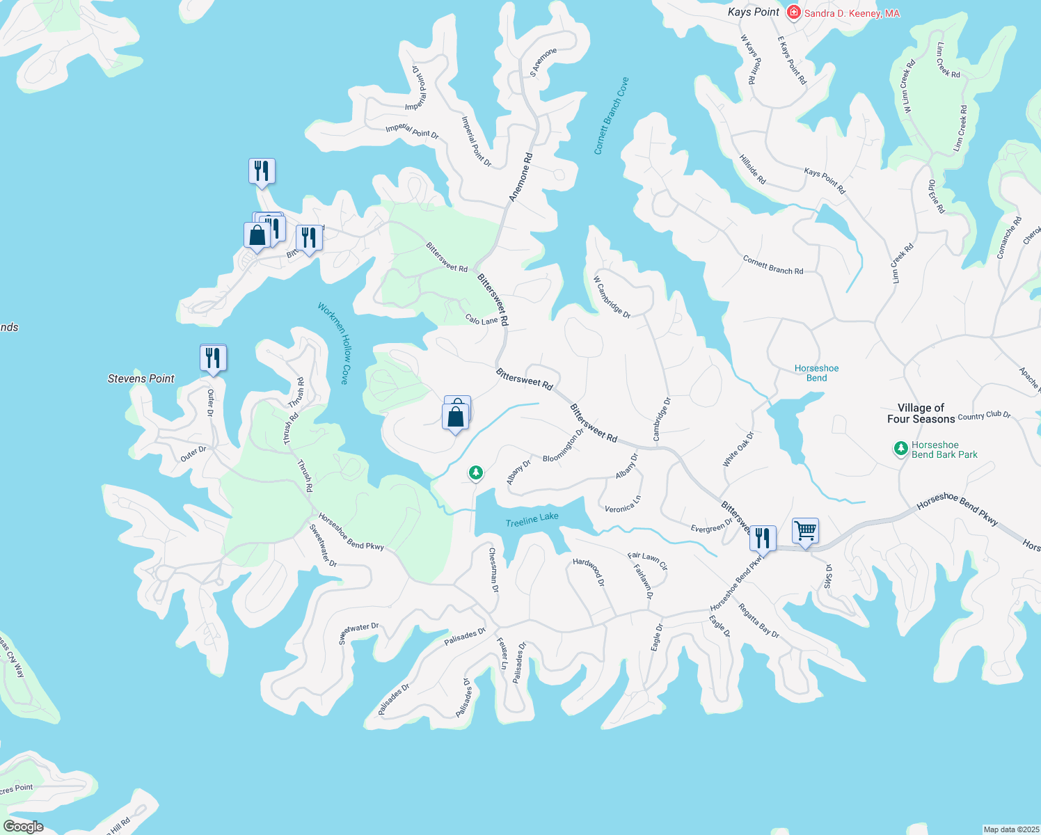 map of restaurants, bars, coffee shops, grocery stores, and more near 198 Glendale Ct in Village of Four Seasons