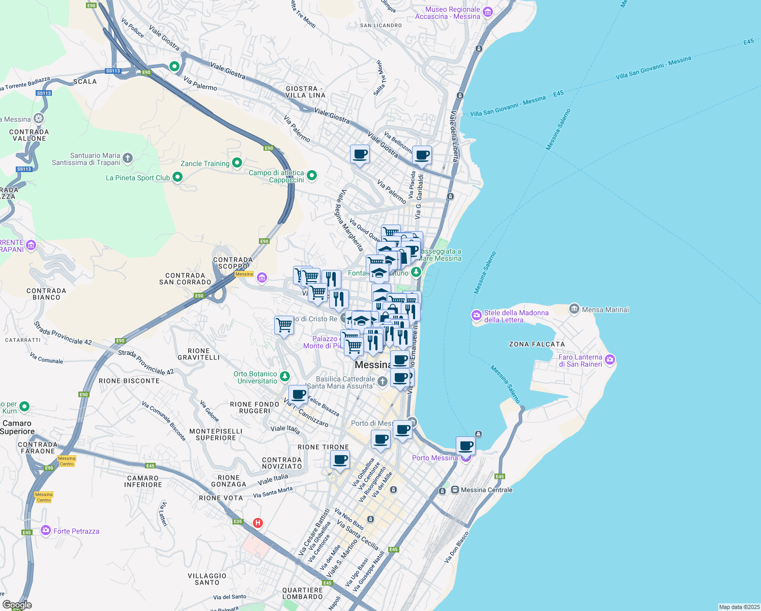 map of restaurants, bars, coffee shops, grocery stores, and more near Via Cianciolo in Messina