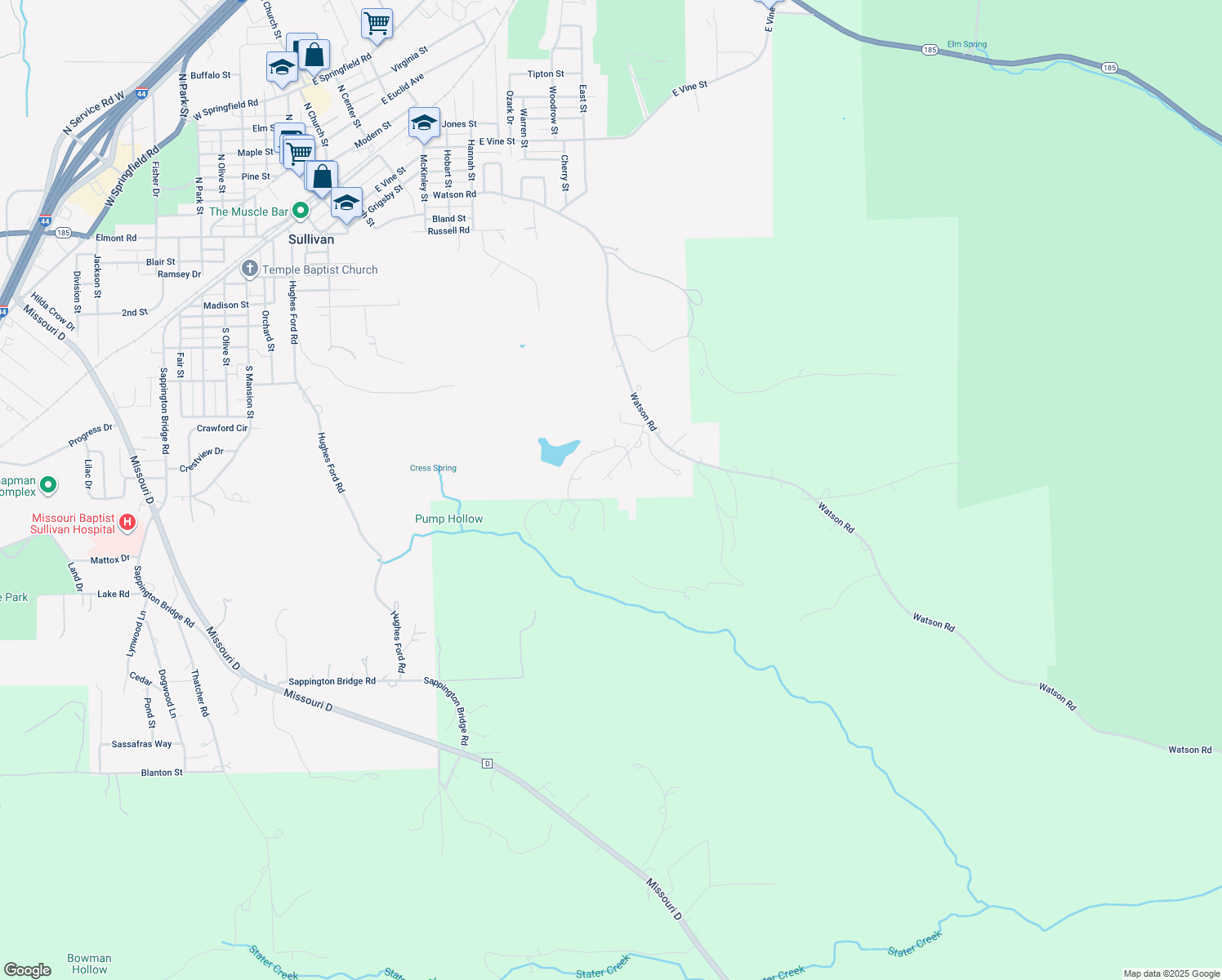 map of restaurants, bars, coffee shops, grocery stores, and more near 527 Country Lane in Sullivan