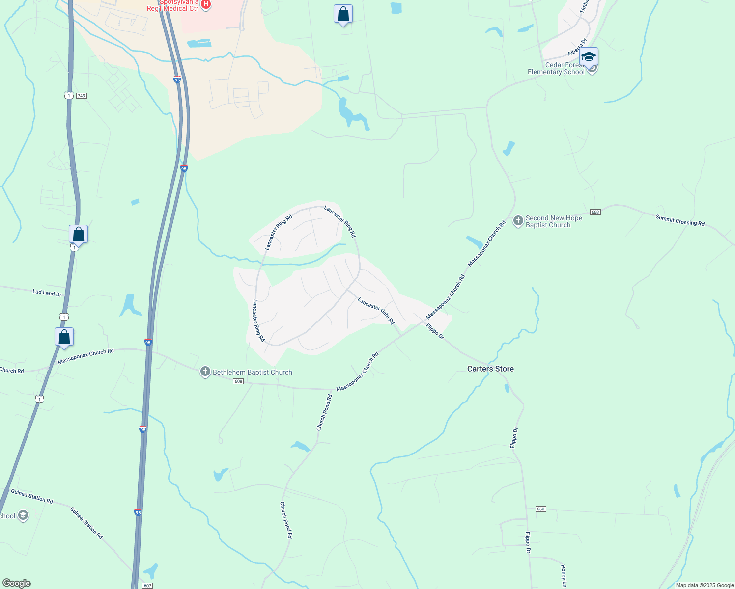 map of restaurants, bars, coffee shops, grocery stores, and more near 8706 New Castle Court in Fredericksburg