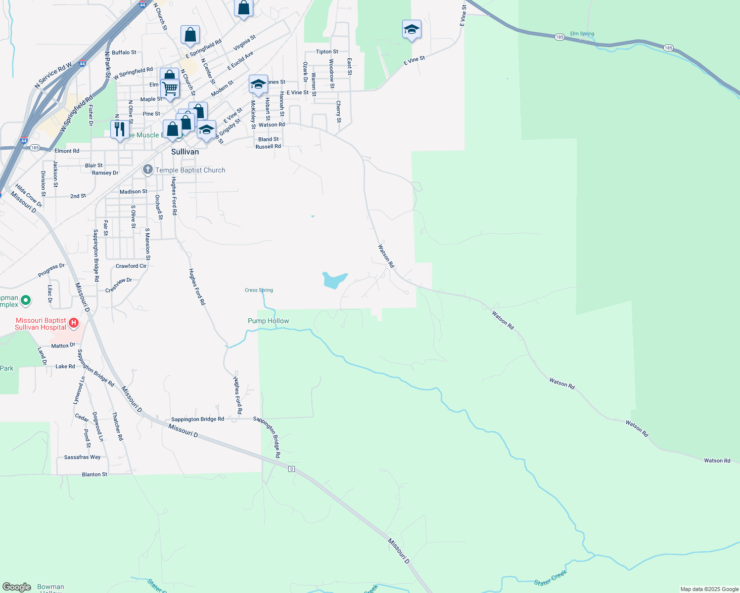 map of restaurants, bars, coffee shops, grocery stores, and more near 527 Country Lane in Sullivan