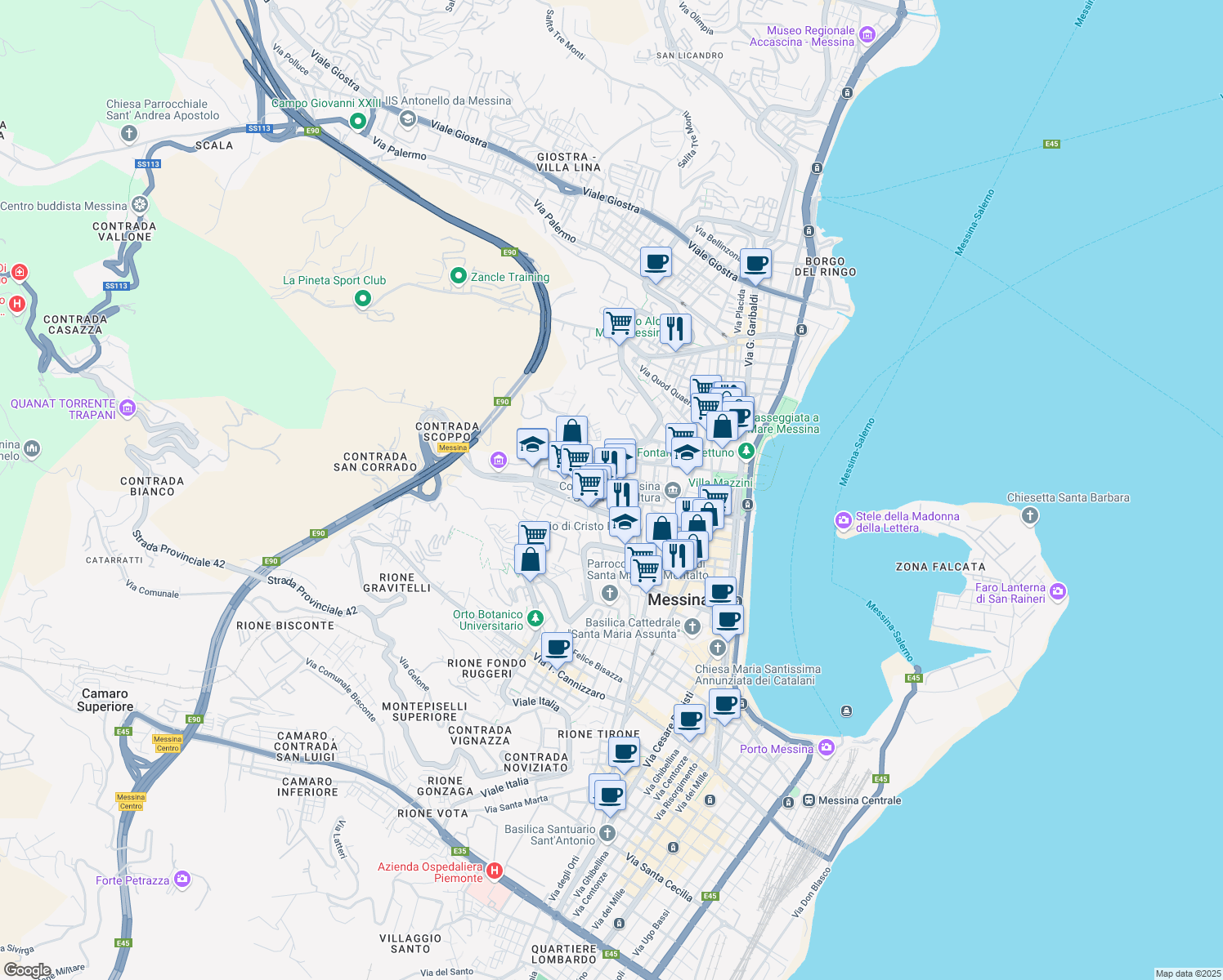 map of restaurants, bars, coffee shops, grocery stores, and more near 24 Viale Boccetta in Messina