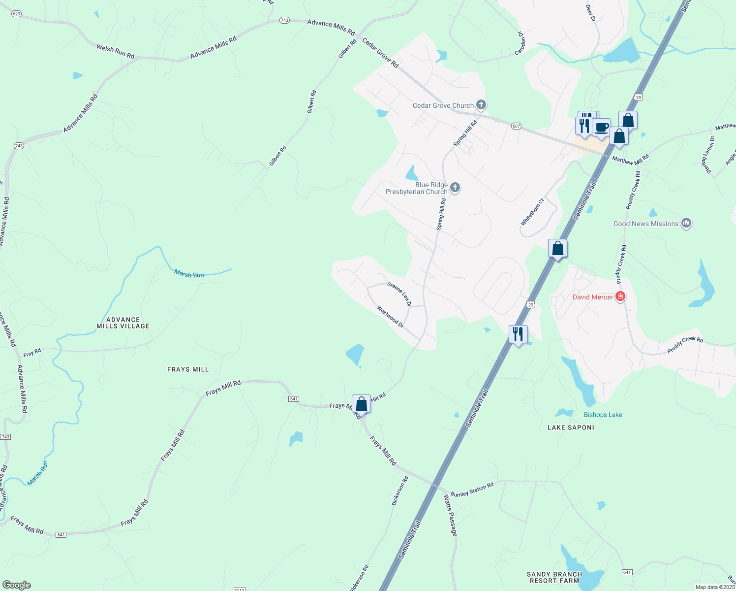 map of restaurants, bars, coffee shops, grocery stores, and more near 24 Knobhill Circle in Ruckersville