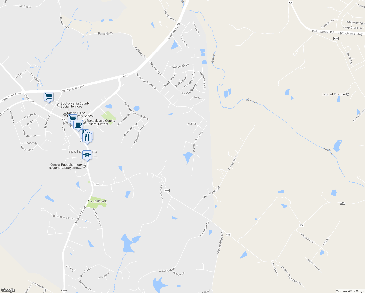 map of restaurants, bars, coffee shops, grocery stores, and more near 10106 Stanley Court in Spotsylvania