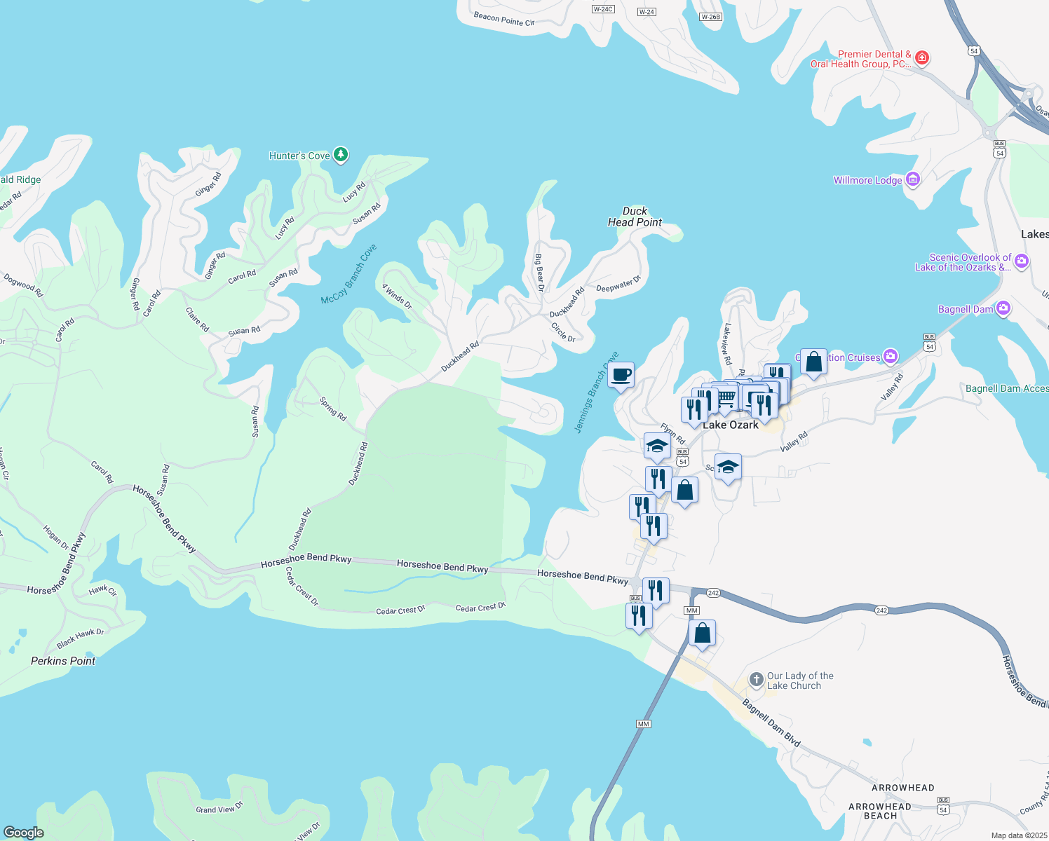 map of restaurants, bars, coffee shops, grocery stores, and more near 256-262 Claralyn Woods Drive in Lake Ozark