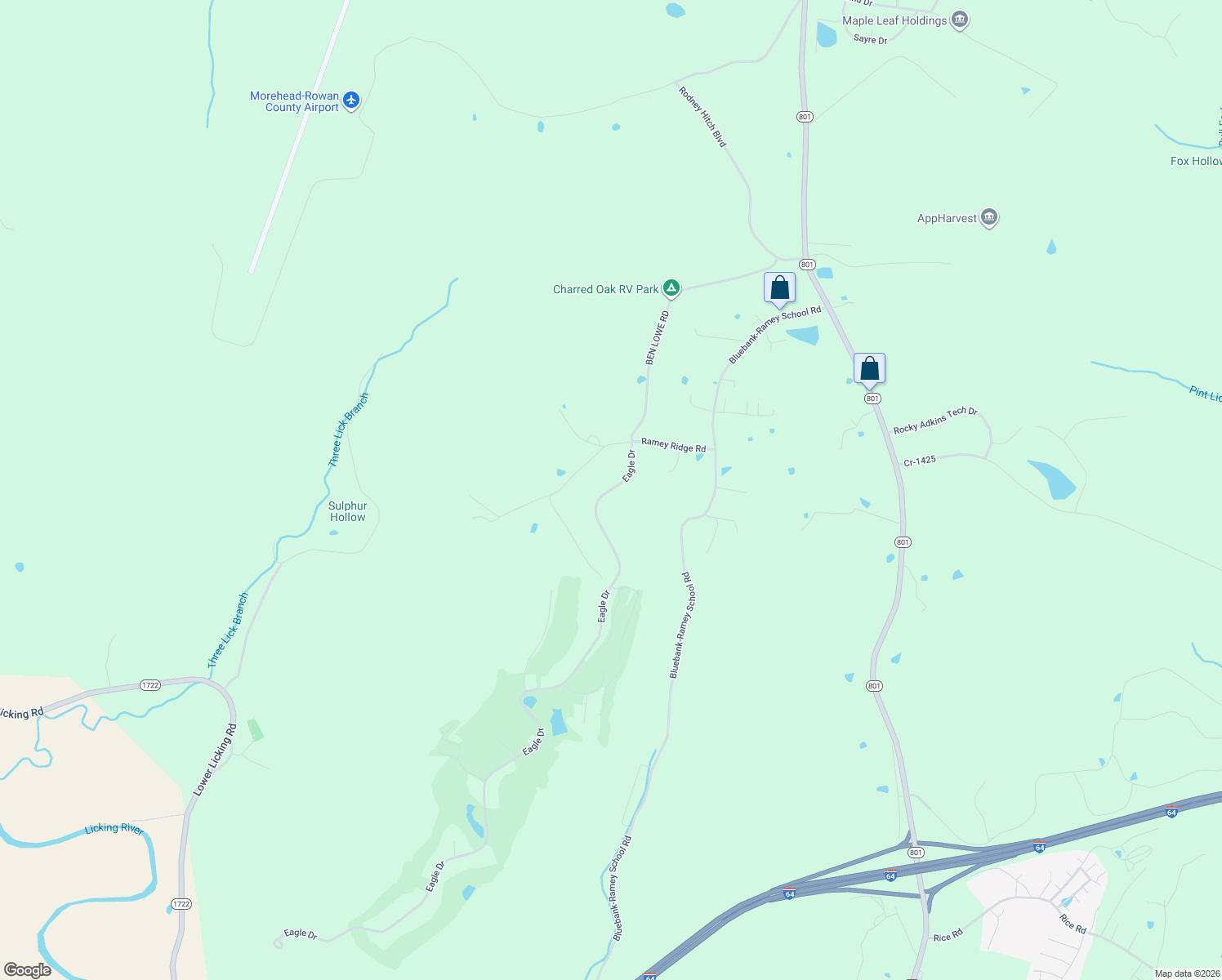 map of restaurants, bars, coffee shops, grocery stores, and more near 535 Eagle Drive in Morehead