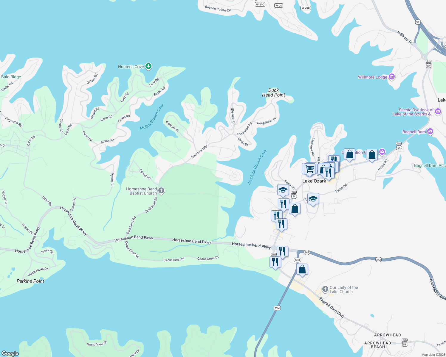 map of restaurants, bars, coffee shops, grocery stores, and more near 298 Claralyn Woods Drive in Lake Ozark