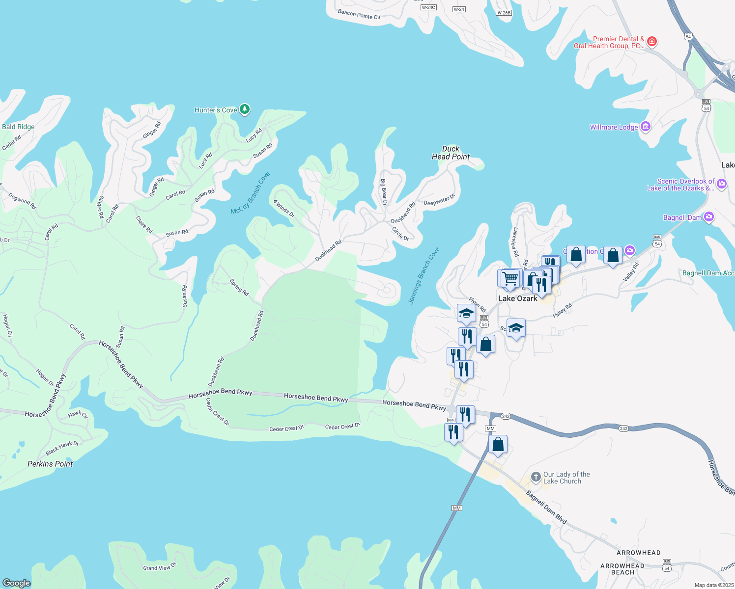 map of restaurants, bars, coffee shops, grocery stores, and more near 262 Claralyn Woods Dr in Lake Ozark