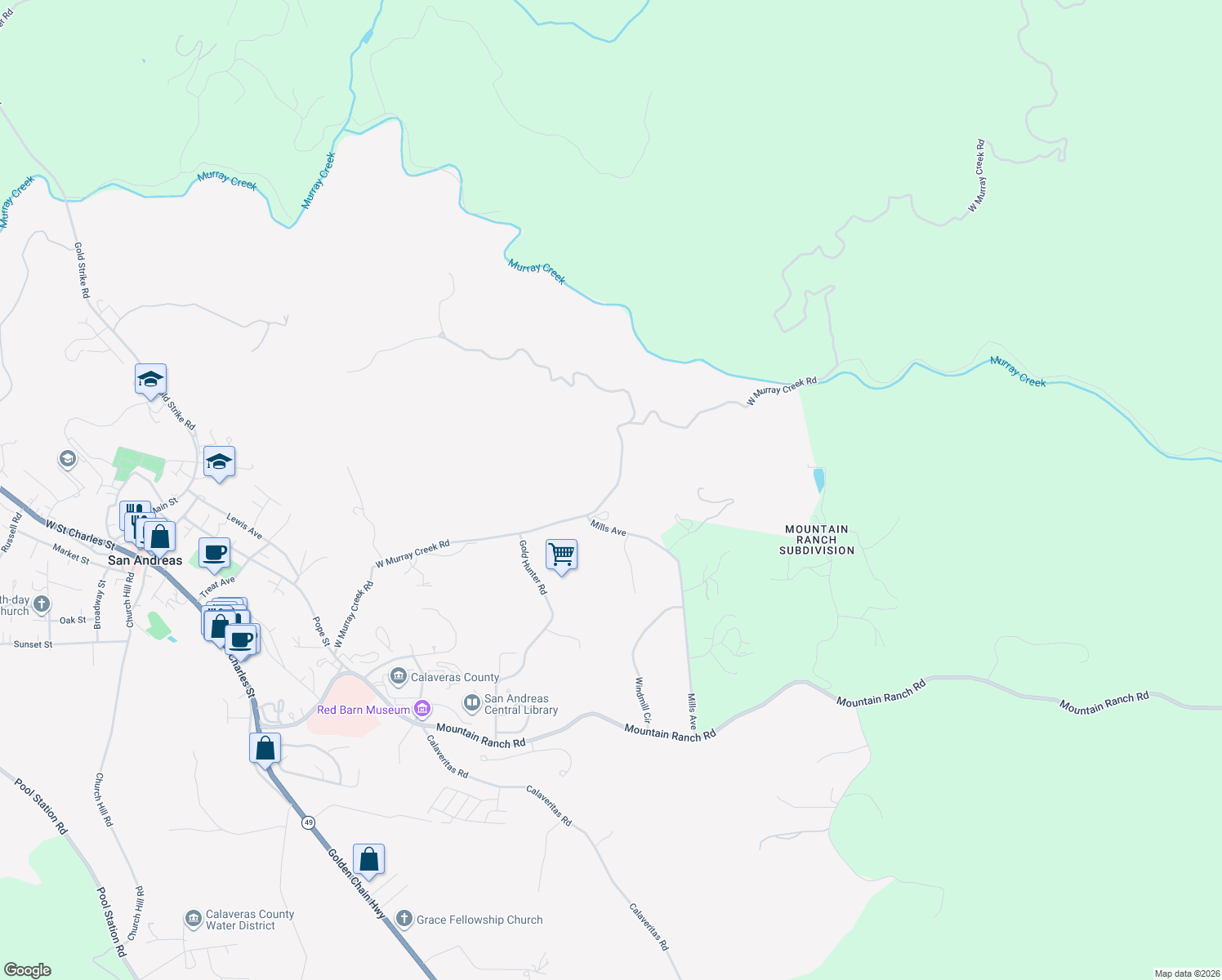 map of restaurants, bars, coffee shops, grocery stores, and more near 144 Murraydale Lane in San Andreas