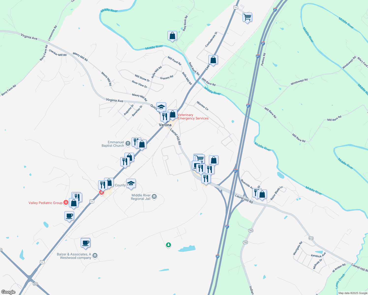 map of restaurants, bars, coffee shops, grocery stores, and more near 110 Laurel Hill Road in Verona