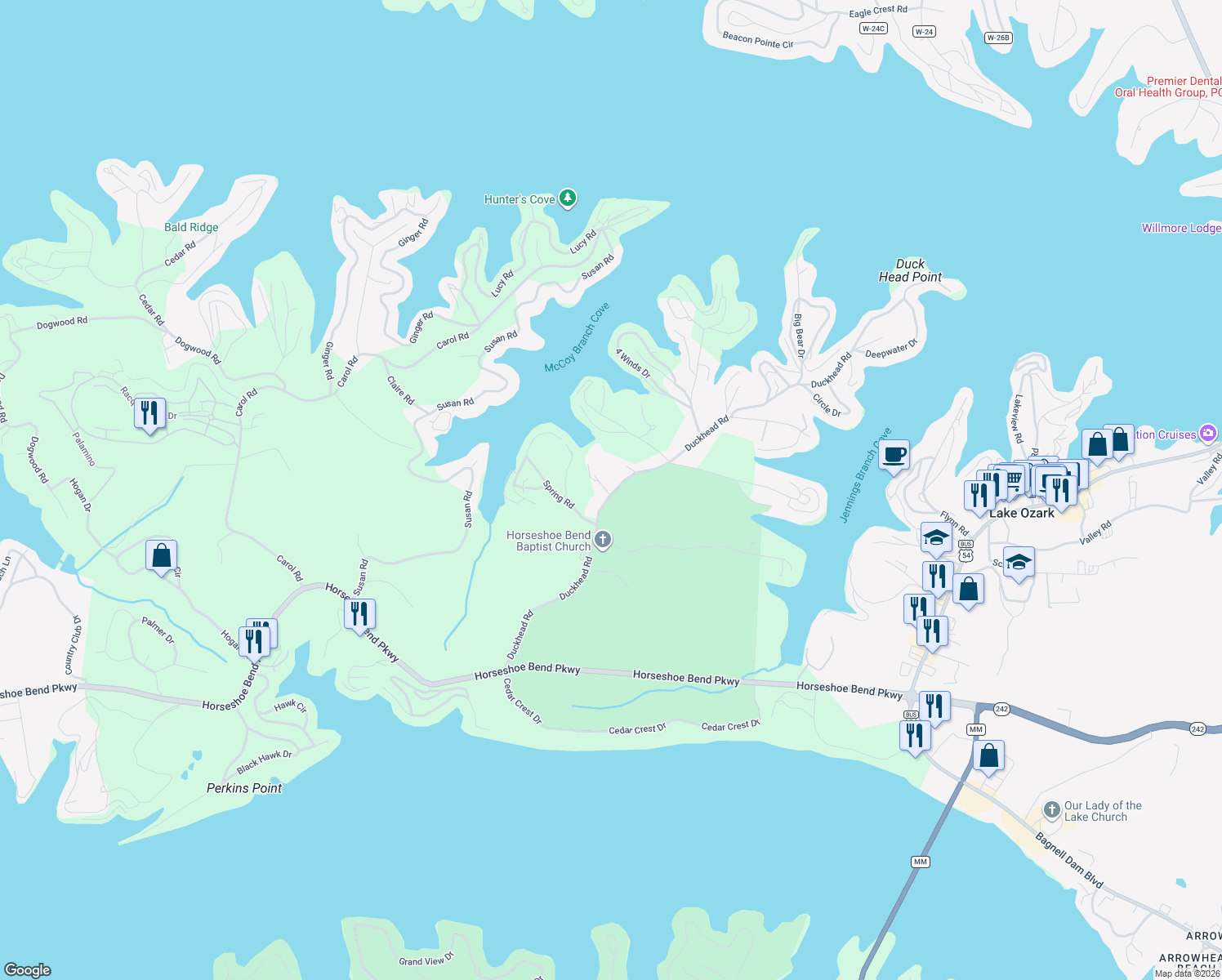map of restaurants, bars, coffee shops, grocery stores, and more near Duckhead Road in Lake Ozark