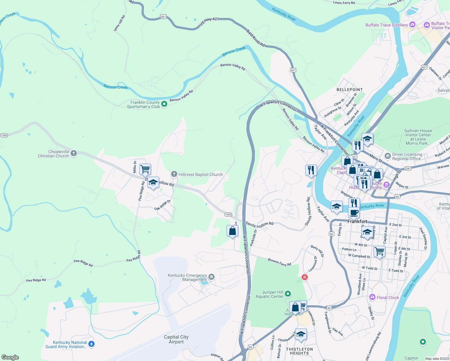 map of restaurants, bars, coffee shops, grocery stores, and more near 119 Skyview Drive in Frankfort
