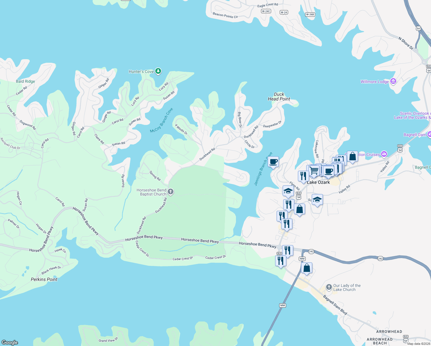 map of restaurants, bars, coffee shops, grocery stores, and more near 2-298 Claralyn Woods Dr in Lake Ozark