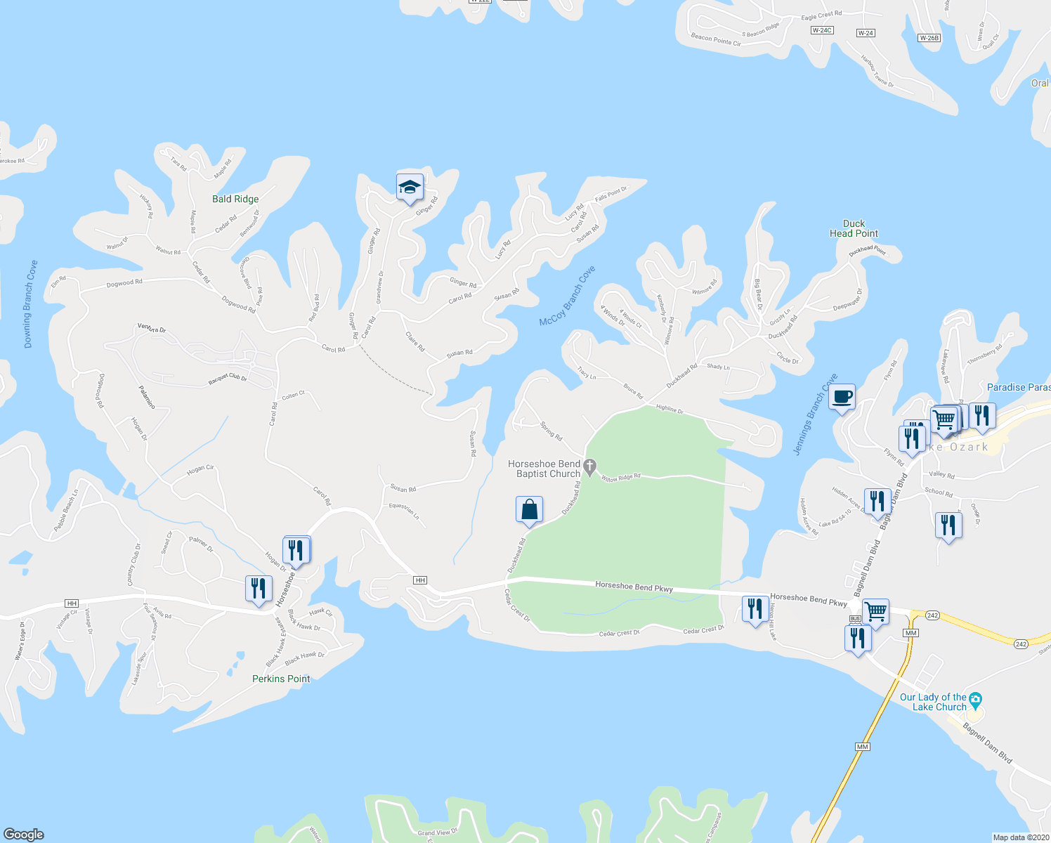 map of restaurants, bars, coffee shops, grocery stores, and more near 57 Maywood Drive in Lake Ozark