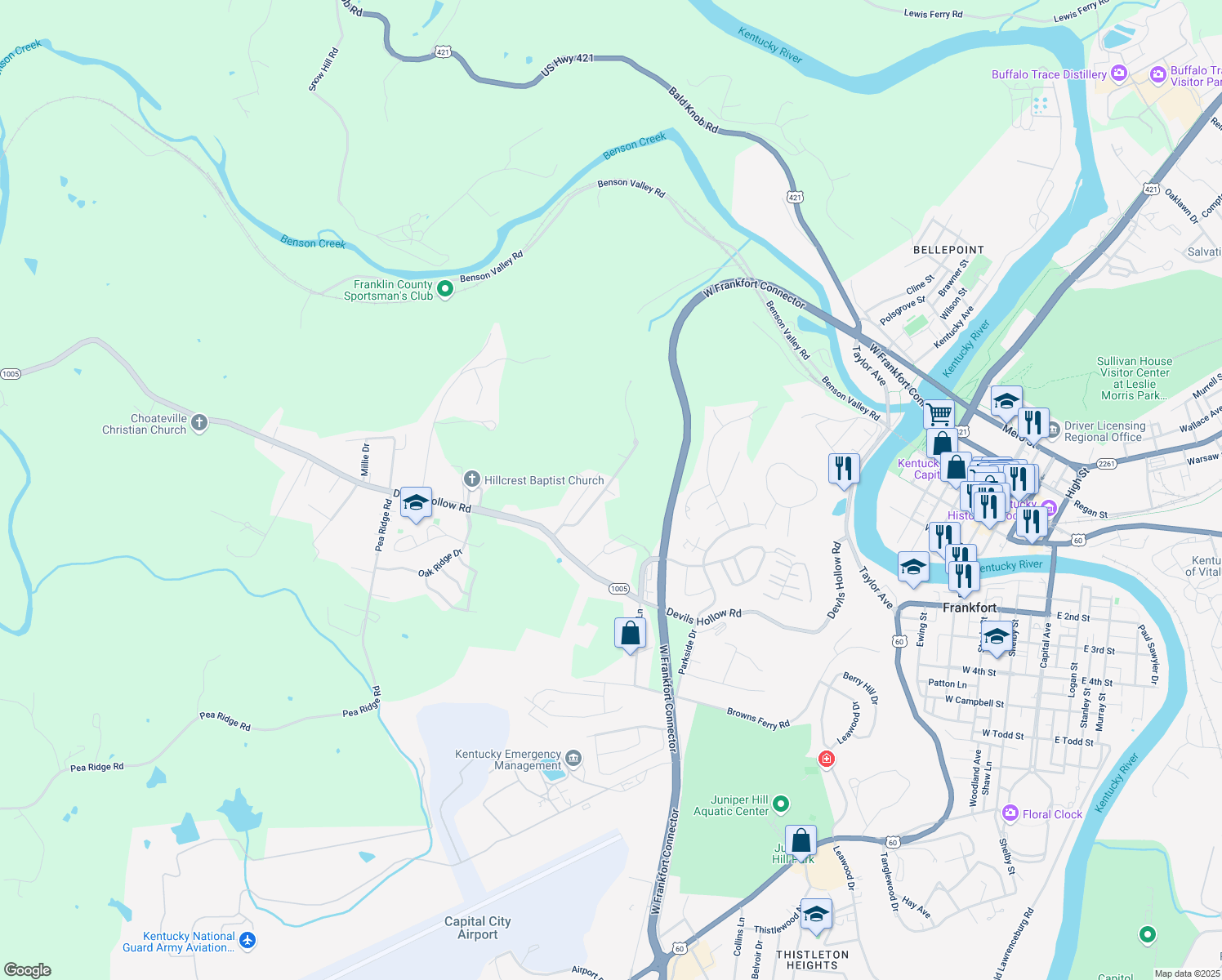 map of restaurants, bars, coffee shops, grocery stores, and more near 119 Skyview Drive in Frankfort
