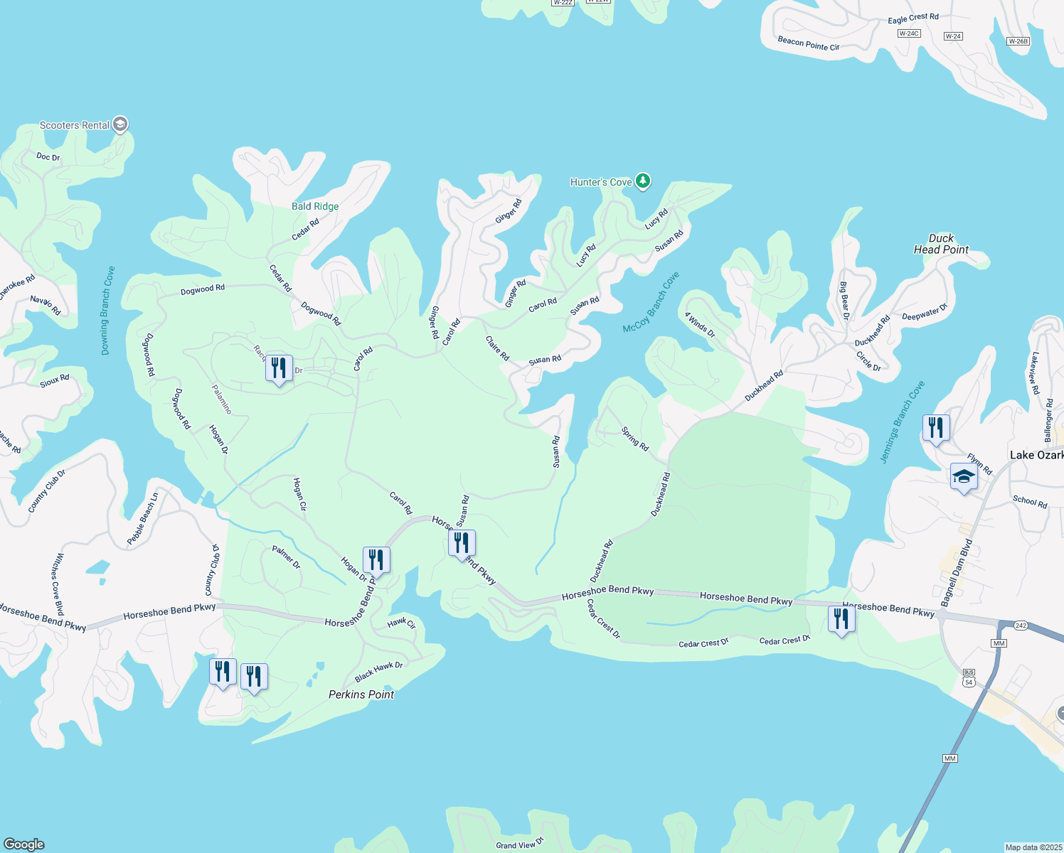 map of restaurants, bars, coffee shops, grocery stores, and more near 758 Susan Road in Lake Ozark