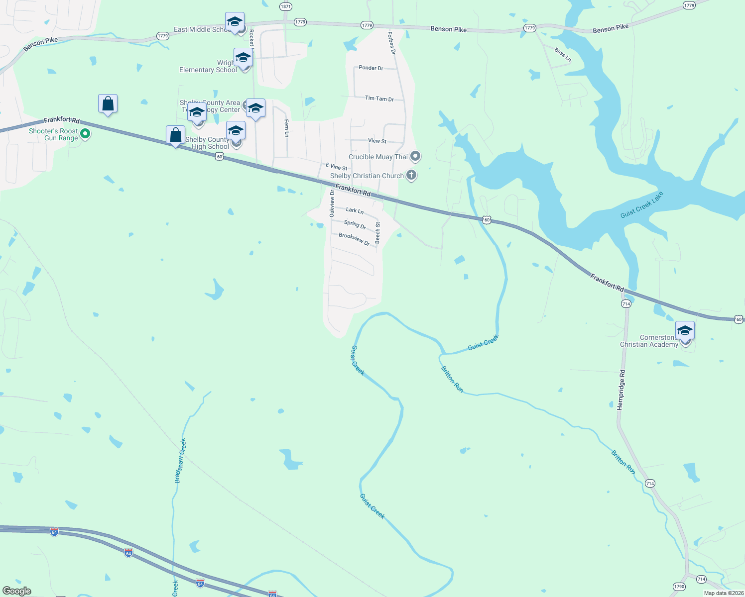 map of restaurants, bars, coffee shops, grocery stores, and more near 1560 Overlook Circle in Shelbyville