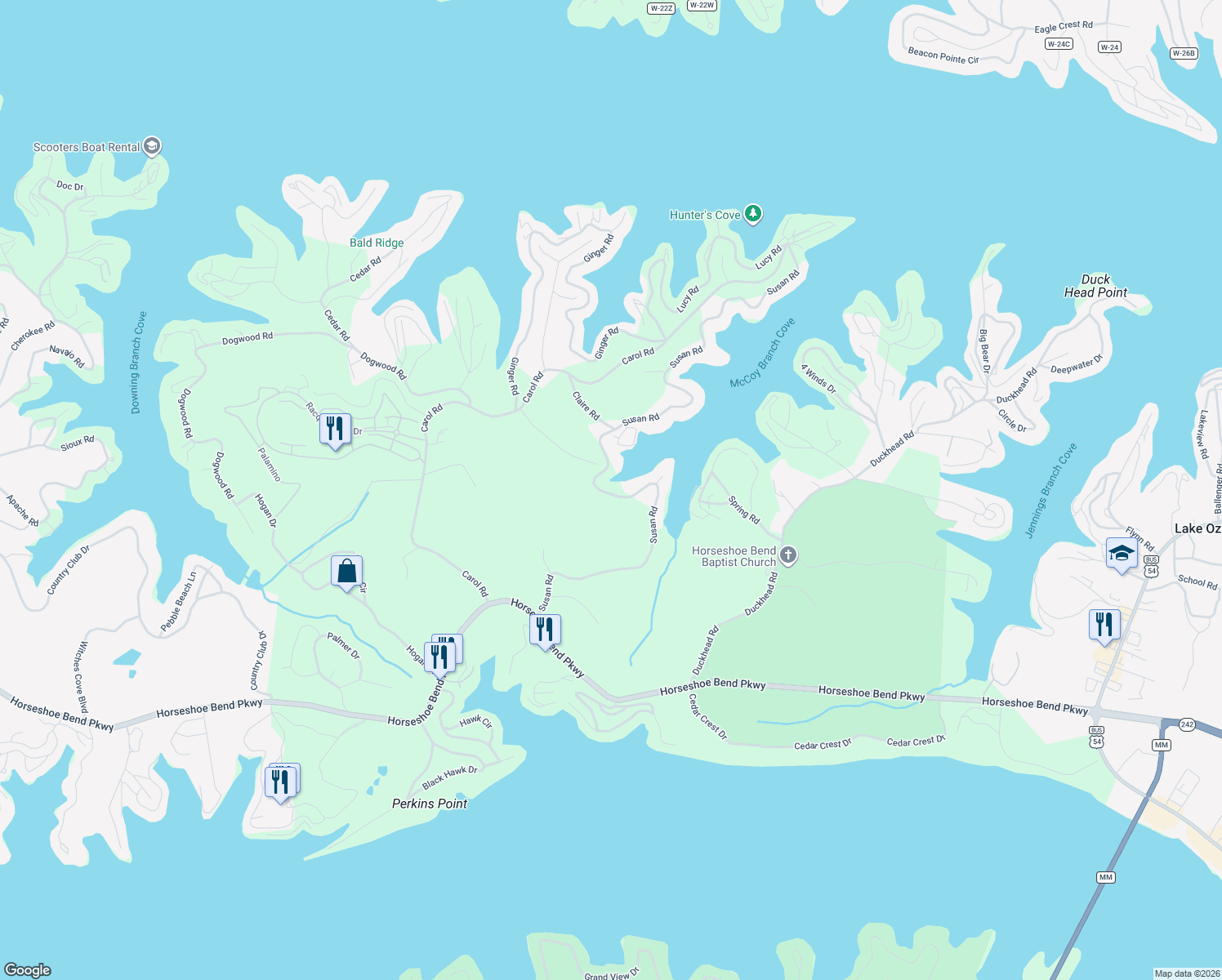 map of restaurants, bars, coffee shops, grocery stores, and more near Susan Road in Lake Ozark