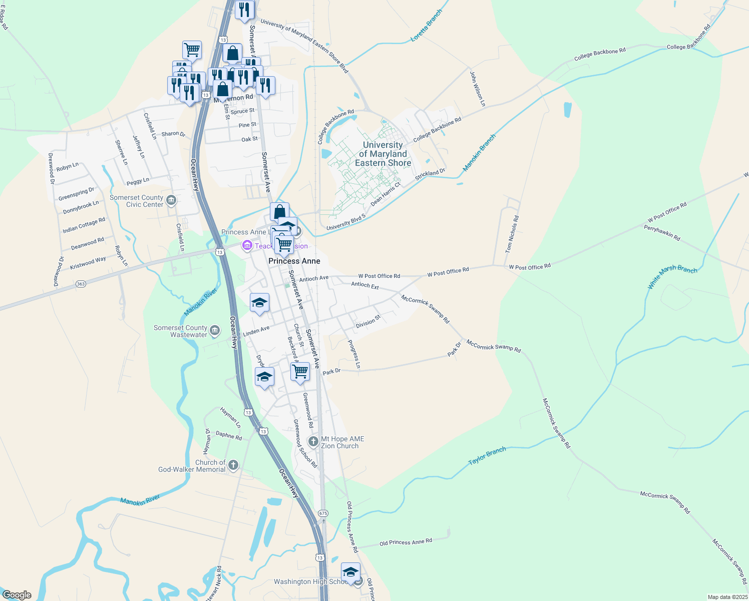map of restaurants, bars, coffee shops, grocery stores, and more near 30752 Hampden Avenue in Princess Anne