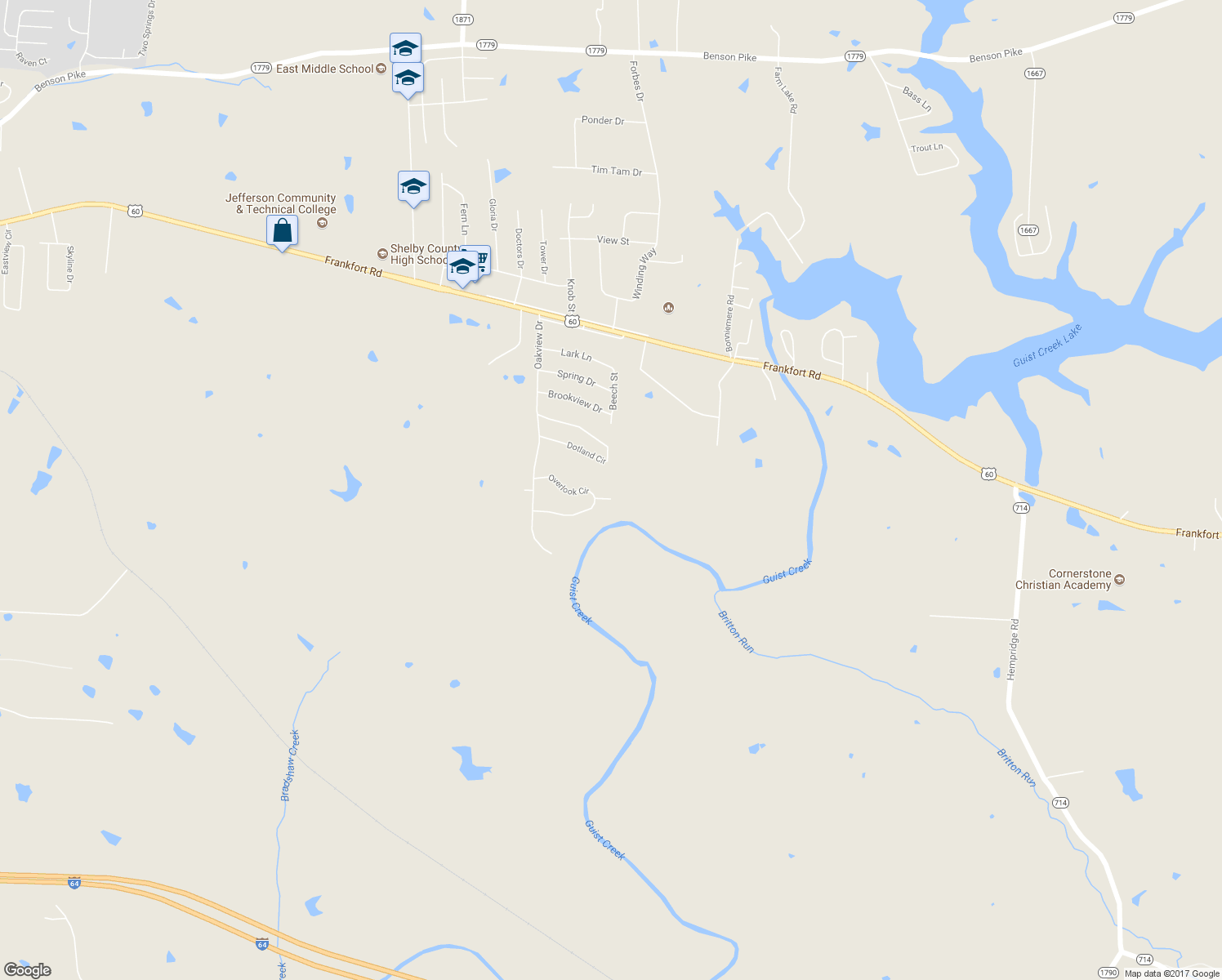 map of restaurants, bars, coffee shops, grocery stores, and more near 1560 Overlook Circle in Shelbyville