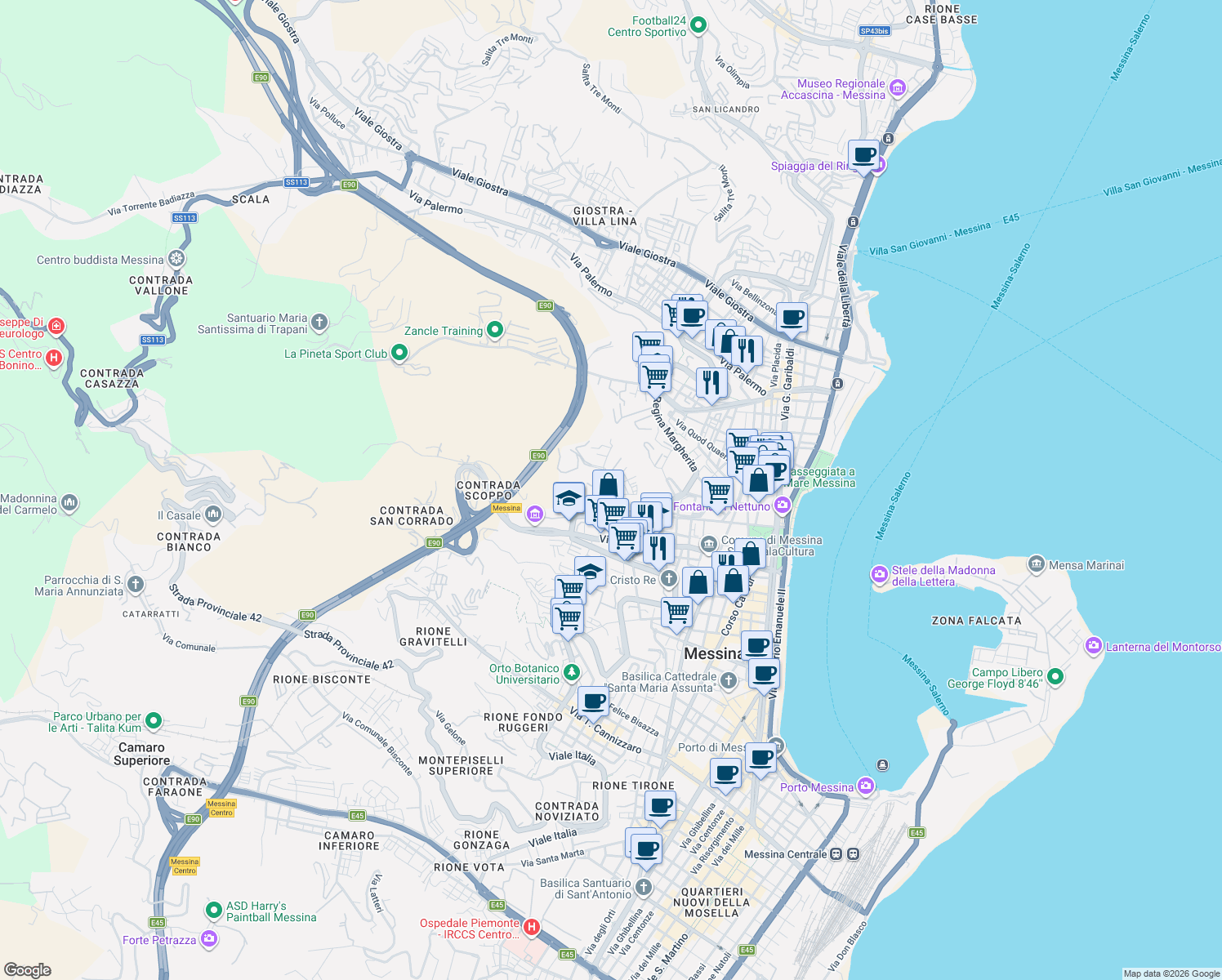 map of restaurants, bars, coffee shops, grocery stores, and more near 12 Via Peschiera in Messina