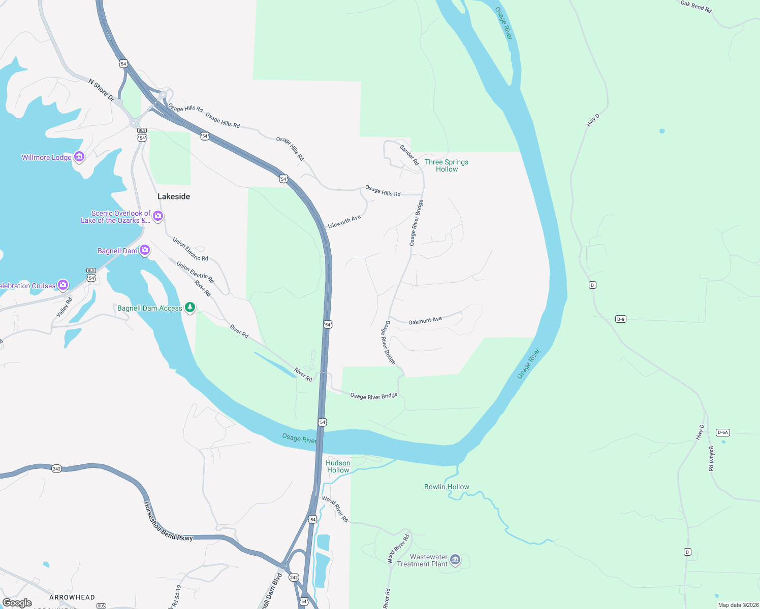 map of restaurants, bars, coffee shops, grocery stores, and more near Arrowhead Dr in Eldon