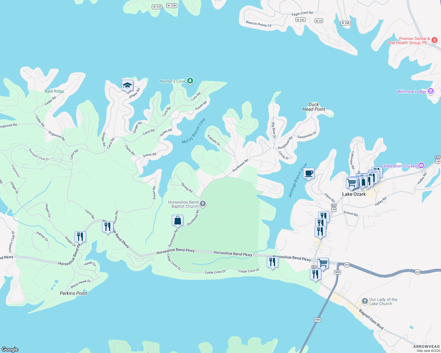 map of restaurants, bars, coffee shops, grocery stores, and more near Duckhead Rd in Lake Ozark
