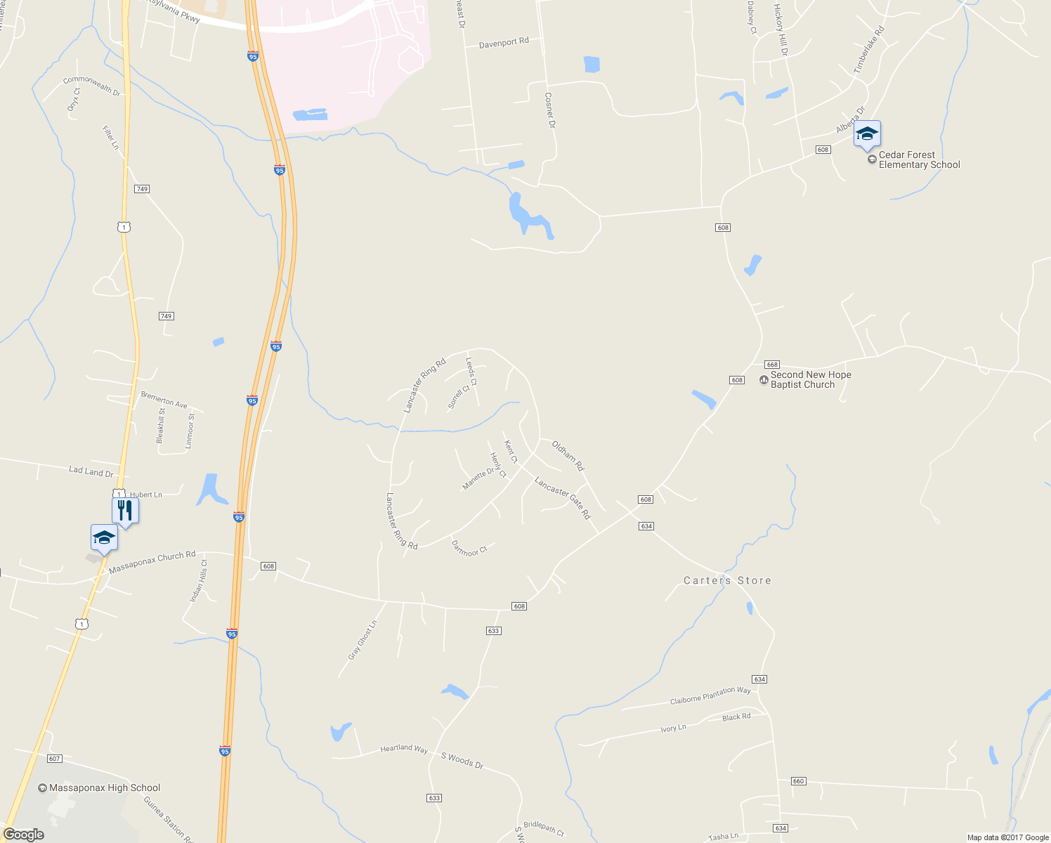 map of restaurants, bars, coffee shops, grocery stores, and more near 8809 New Castle Court in Fredericksburg