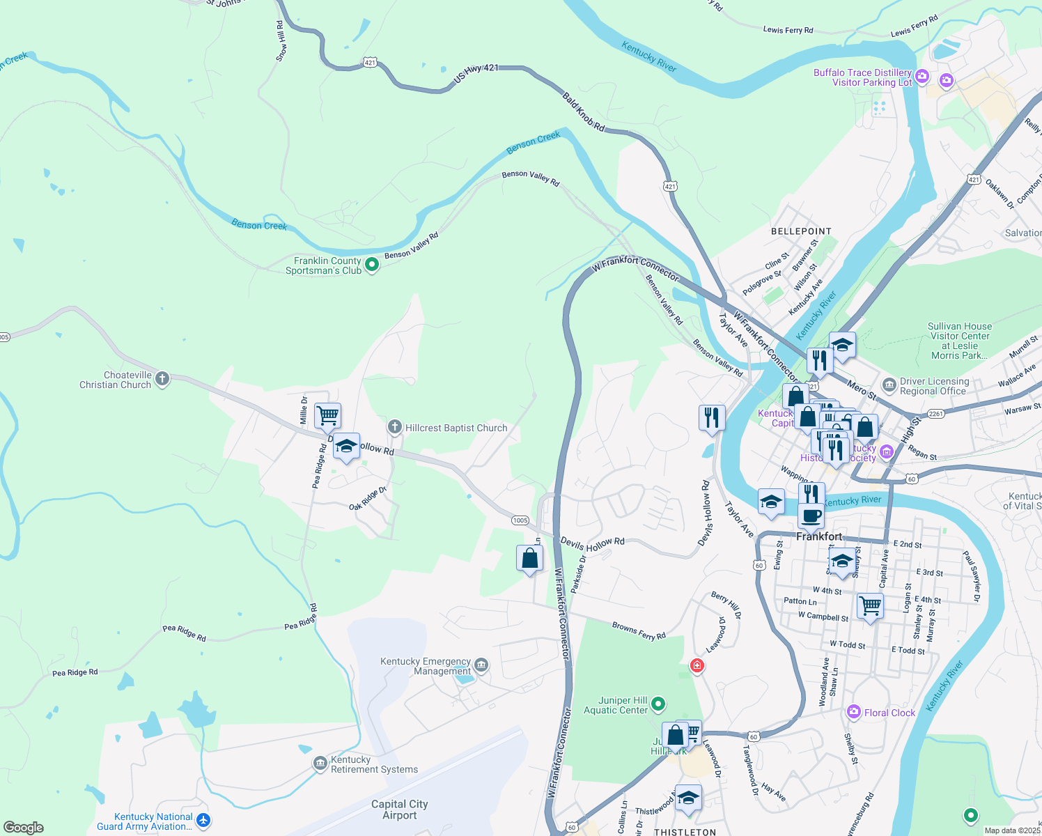map of restaurants, bars, coffee shops, grocery stores, and more near 134 Skyview Drive in Frankfort