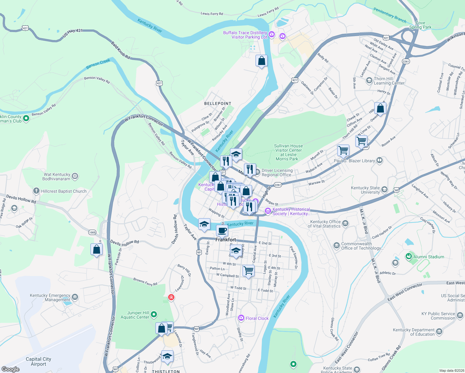 map of restaurants, bars, coffee shops, grocery stores, and more near 330 West Broadway Street in Frankfort