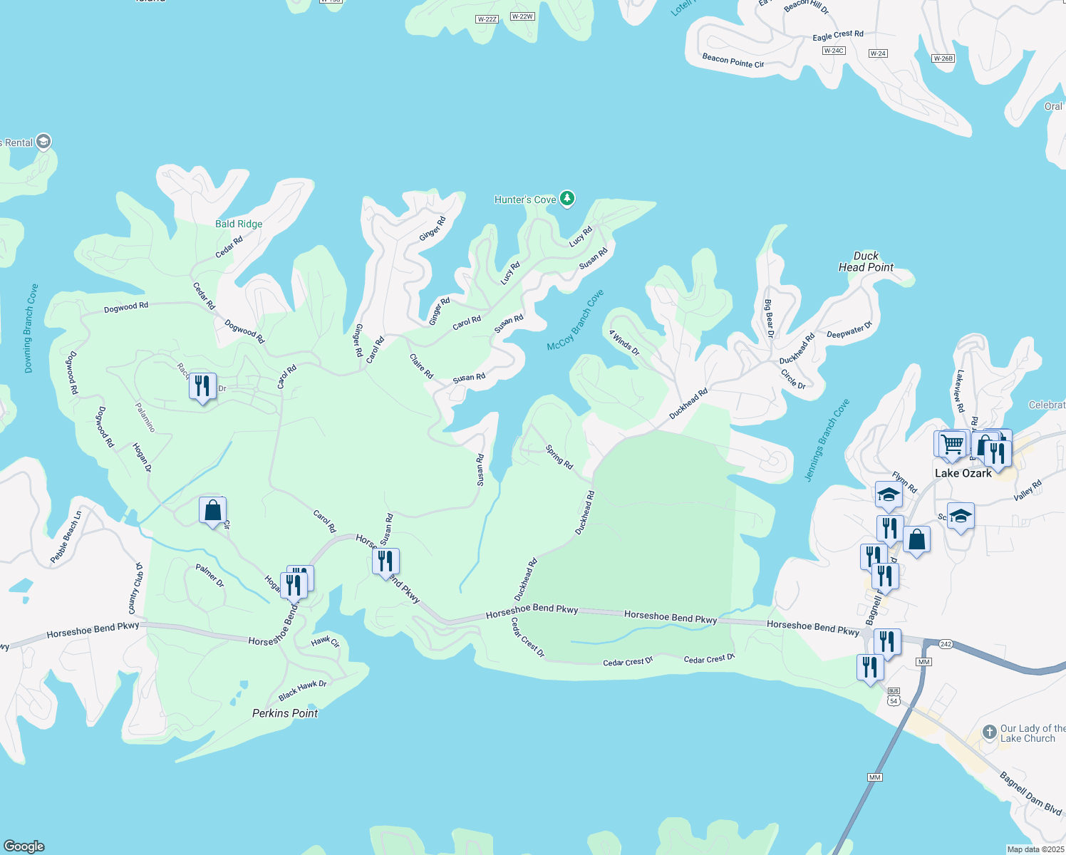 map of restaurants, bars, coffee shops, grocery stores, and more near 400-498 Spring Road in Lake Ozark